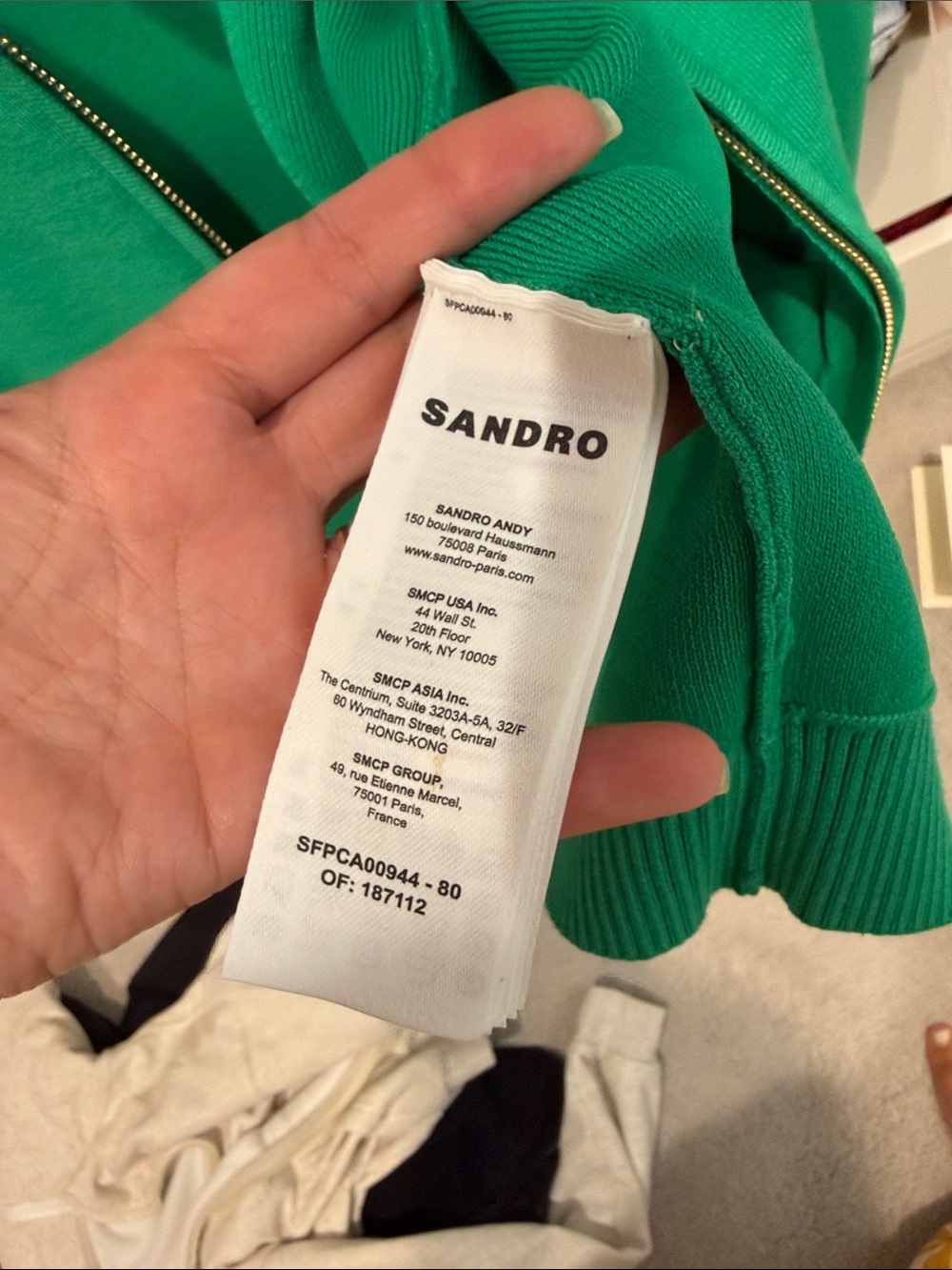 Sandro Women’s  Green Zip-Front Jacket with White-Trim Collar - Picture 4 of 4